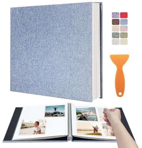 Large Photo Album Self Adhesive Scrapbook Album for 4×6 5×7 8×10 Pictures DIY Magnetic Linen Cover Album 40 Pages for Family Wedding Gifts with Metal Pen and Plastic Board