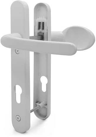 TSS White UPVC Door Handle Pair Set, Sprung, 92mm PZ (Centres), Lever Moveable Pad, 122mm Screw to Screw (Screw centres), Backplate 245mm x 34mm - Replacement PVC Door Handle in White