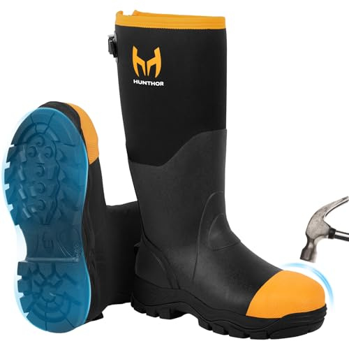 Hunthor Rubber Work Boots for Men with Steel Toe, 1100N Puncture-Proof Hunting Boots with 7mm Neoprene Waterproof and EVA Midsole, Adjustable Back Gusset, Ideal for Hunting, Work, and Farming Orange Size 9