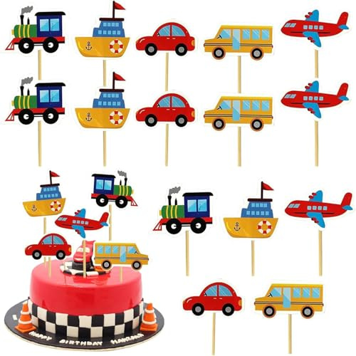Pack of 30 Transport Cake Decoration Birthday, Train Ship Car Bus Plane Cake Decoration, Cake Topper, Muffin Birthday Decoration, Cupcake Topper, Cake Decoration for Boys Girls Themes Children's
