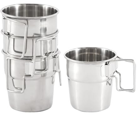 Campingbecher aus Edelstahl, Campingbecher aus Metall,4X 300ml Campingbecher aus Edelstahl - Campingbecher aus Metall mit klappbarem Griff, Campingbecher und -becher, Kaffeetasse für Rucksacktouren, u