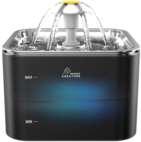 Crystal Cat Water Fountain Stainless Steel Lid, 101oz/3L Pet Fountain with LED Light for Cats and Dogs (Black)