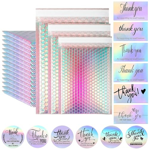 Vabrloy 50 Stück Luftpolsterumschläge Holographisch,mit 50 Dankeskarten,Poly Bubble Mailer,Selbstklebende Versandtaschen mit Luftpolsterfolie,Gepolsterte Umschläge für Verpackung Aufbewahrung,3 Größen