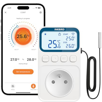 Inkbird C236T Prise Thermostat Connectée, Regulateur de Temperature WiFi Chauffage Refroidissement Contrôle à Distance Modes Multiples et Fonction Alarme pour Serre,Brassage,Reptile