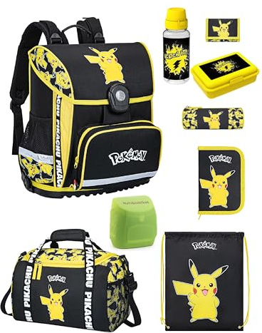 Familando - Schulranzen Set 9-teilig mit Lunch-Set - Pokémon mit Pikachu Motiv - Ergonomisch, stabil & mit gepolstertem Rücken - 990g leicht, 16L Volumen - Mit Reflektoren - ab 1. Klasse