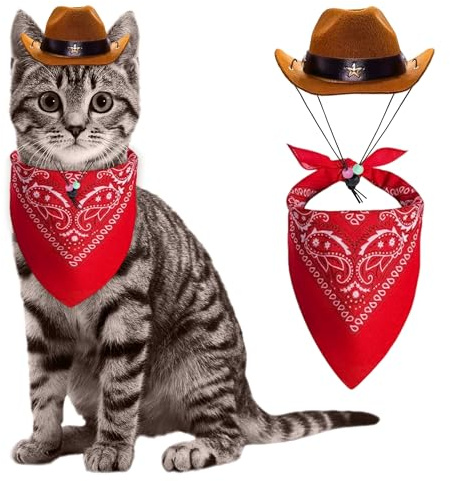 LaVenty Braunrot Katzen Cowboy Hut Cowboyhut für Katzen Bandana Mini | Braunrot Katzen Cowboy Hut Cowboyhut für Katzen Bandana Mini Haustier Cowboy kostüm für Halloween Party Dekoration