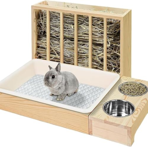 Ratelier Foin Lapin 4 en 1 en Bois avec Bac à Litière Lapin, Mangeoire et Gamelle pour Petits Animaux comme Hamster, Cochon d’Inde