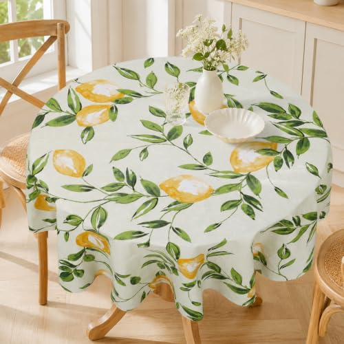 Arquiel Wachstischdecke mit Zitronenmotiv, Gelb, Rund, Ø 120 cm | Abwischbare PVC Wachstischdecke Wetterfest mit Blattmotiv für Küche, Esszimmer, Outdoor und Festliche Tischdekoration