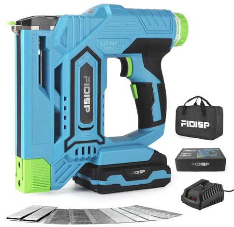 FIDISP 18 Gauge 2 in 1 Cordless Nail Gun/Stapler, 20V Battery Powered Brad Nailer/Stapler with Battery, Charger, Storage Bag, 1000 Staples and Nails for Carpentry & DIY(Blue)