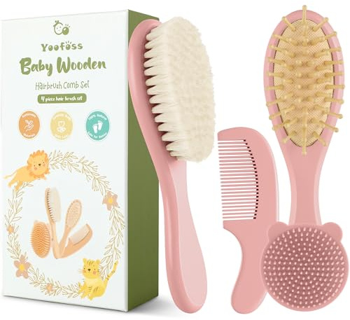 Yoofoss 4 Piece Baby Hair Brush for Newborn - Natural Wooden Baby Brush Set with Soft Goat Bristles for Cradle Cap - Perfect Scalp Grooming Product for Infant, Toddler, Kids - Dusty Rose