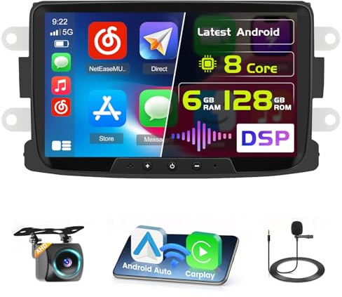 Hikity 8 Núcleos 6G+128G Radio Coche Dacia Duster 8 CarPlay BT | DSP. También para Dacia Sandero 2010-2015, Logan/Dokker 2012. Android Auto Inalámbrico. GPS. WiFi. FM/RDS. 3USB. USB-C