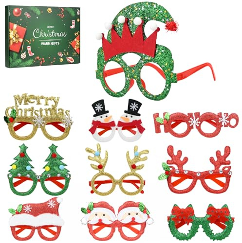ouhos 10 Stück Lustige Kreative Weihnachtsbrille Set, Weihnachtsfeier Deko Brille, Weihnachtsbrillen Erwachsene und Kinder, Partydekoration Kopfschmuck Weihnachten für Christmas Party