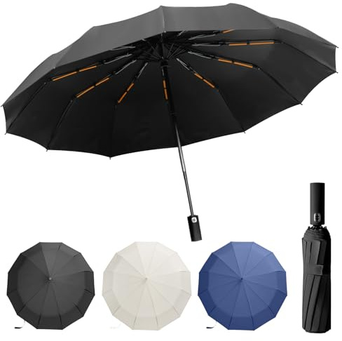 Umbrella Windproof Strong , Large Black Compact Umbrella for Men and Women | Automatic Open and Close, Windproof and Waterproof, Durable 12-Rib Frame, 99% UV Protection, UPF 50