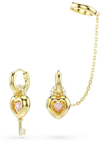 Swarovski Orecchini pendenti con ear cuff Idyllia, Taglio misto, Cuore con chiave, Rosa, Placcato color oro