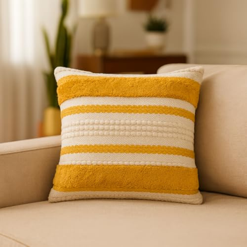TreeWool Bohemia Funda de Cojín Decorativa de Algodón con Rayas Texturadas (45 x 45 cm, Mostaza, Paquete de 1)