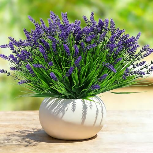 Tsudoku 24 Bundles Outdoor Faux Lavender Plants | Artificial Lavender Outdoor, Decorative Plastic Shrubs with Fake Flowers, Indoor Outside Garden, Window Boxes Decoration