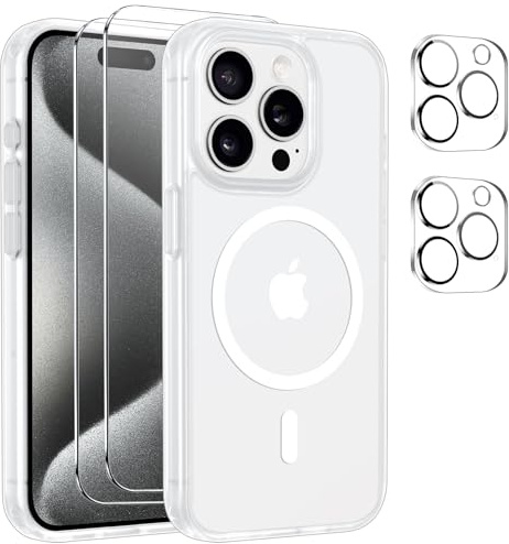 Czyoa Magnetic Cover per iPhone 15 PRO Compatibile con 2 vetri temperati e 2 vetri per Fotocamera, Translucent Matte Slim Back PC+TPU Bumper Shockproof - Trasparente Opaco