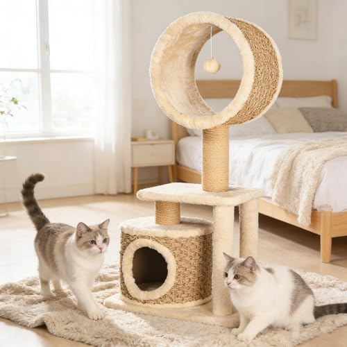 Kratzbaum Modern mit Sisal Kratzsäulen & Handgestrickter Höhle – Stabiler Katzenbaum aus Natürlichem Seegras – Umweltfreundliches Kletterbaum Katzenzubehör für Wohnungskatzen 95 cm