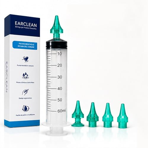 ALL4US® - Kit Pulizia Orecchie con Siringa Auricolare 60 ml, 4 Punte Morbide a Cono, Sistema per Lavaggio Orecchie e Rimozione Cerume, Kit Irrigazione Auricolare per Uso Domestico