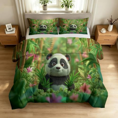 Påslakan 4 årstider 135 x 200 cm vändbart täcke 3D tecknad skog året runt-filt, djur panda djungel – mjuk tvättbar sovfilt quiltad med 2 örngott 80 x 80 cm grön
