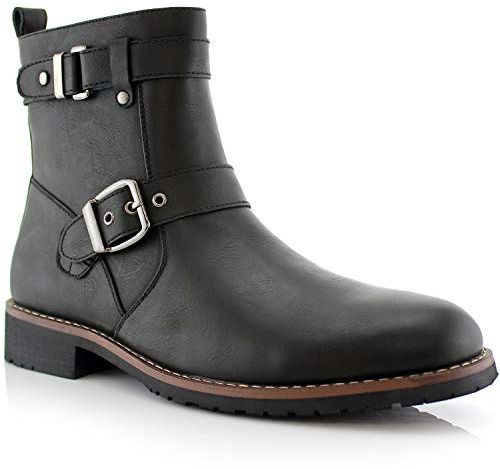 Polar Fox Wyatt Men's Engineer Boot | Motorcycle Style Ankle Boot with Buckle Straps & Side Zipper | MPX608005 | in Black, Size 11