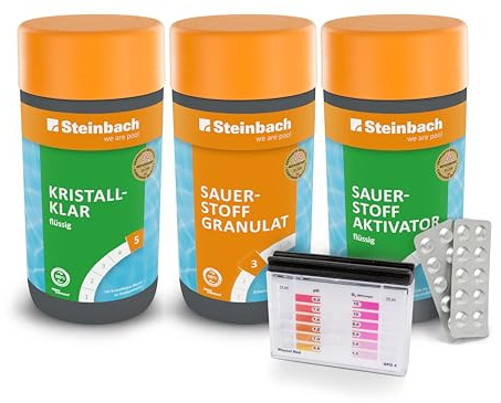 Steinbach Poolpflege Sauerstoff Starterset - 0759018TS - Chlorfreie Wasserdesinfektion - 1 kg Granulat + Aktivator & Kristallklar - Inkl. Testgerät - Für klare Wasserqualität im Privatpool