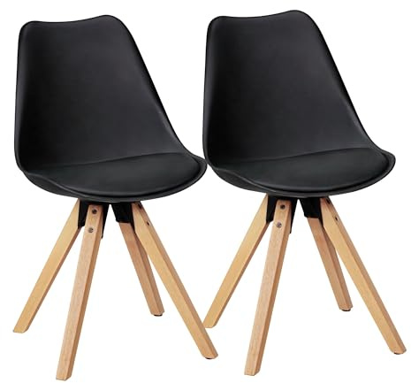 Wohnling 2er Set Retro Esszimmerstuhl Lima schwarz, Polsterstuhl Skandinavisch Rückenlehne, Küchenstuhl Kunstleder gepolstert