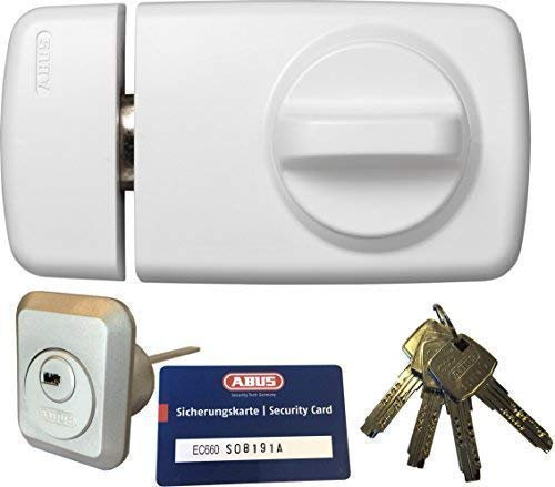 ABUS Tür-Zusatzschloss 7010 W weiß, EC660, Kastenschloss mit Drehknauf, mit 4 Schlüssel und Sicherungskarte, Ausführung EK (Metallausführung)
