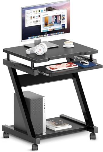 SogesHome Mobiler Computertisch mit Rollen und Tastaturauszug – Kleiner PC-Tisch mit Ablage für Tower, Schreibtisch für Home Office oder Büro, Schwarz