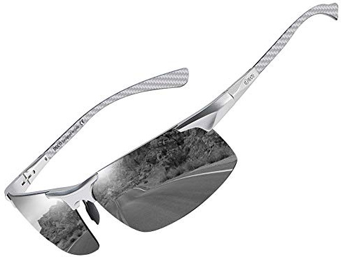 DUCO Herren Polarisierte Sonnenbrille mit Metallrahmen und Kohlefaser Brille Beine UV400 CAT 3 8277 (Silber,Grau)