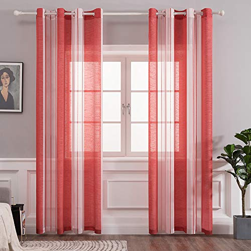MIULEE Gardinen Gestreift Transparent mit Ösen, Voile Vorhänge Wohnzimmer 2er Set, Vorhang Schlafzimmer Transparent mit Rot Weiss Gestreift Muster, Kurz Vorhang Halbtransparent Streifen 140X145 cm