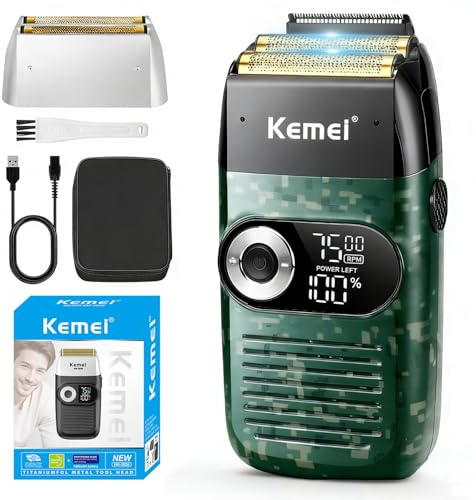 KEMEI Rasoir à barbe pour homme, Rasoir électrique rechargeable avec tondeuse à barbe sans fil en feuille de titane au lithium avec étui de voyage