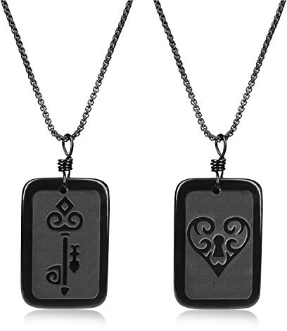 COAI Colgantes Placa Llave Corazón para Pareja de Obsidiana con Cadena de Acero Inoxidable Negro