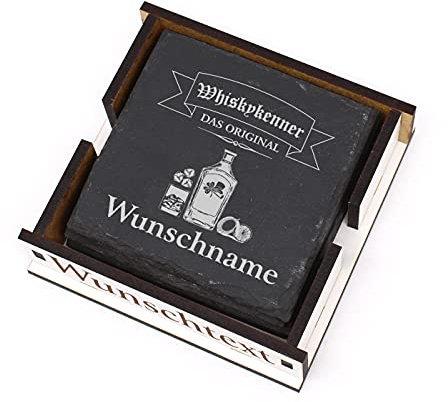 Whisky Untersetzer Schiefer Getränkeuntersetzer 4 Stück mit Namen in Holzbox 11 x 11 cm