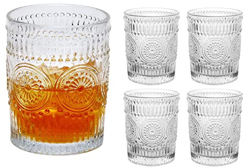 4Pcs Verres à Eau Romantiques de 270 ml, Verres Vintage Floraux en Relief Transparent pour Soda, Boissons, Bière, Cocktail