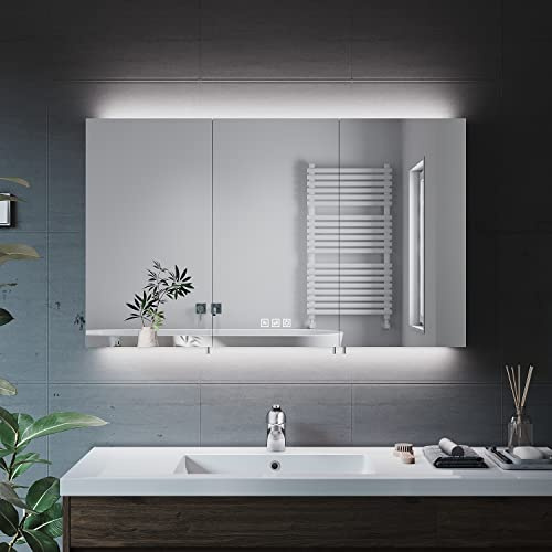 ELEGANT Triple Door Bathroom Cabinet with Shaver Socket Wall Mounted Stainless Steel Bathroom Mirror Cabinet with Three-color Infinitely Dimmable and Demister Pad 1000 x 600mm