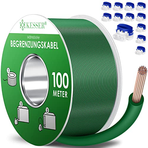 KESSER® Begrenzungskabel 100m + 12 Kabelverbinder für Mähroboter Rasenmäher Rasenroboter Zubehör Set Begrenzungsdraht Universal für Suchkabel kompatibel mit Gardena/Bosch/Worx/Einhell/Honda/ROBOMOW