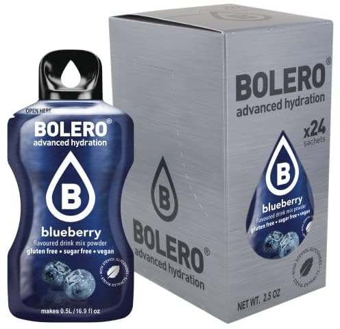 Boléro BLUEBERRY 24x3g | Jus en poudre sans sucre, édulcoré à la stévia + vitamine C | pour enfants et sportifs | sans gluten, végétalien | saveur myrtille