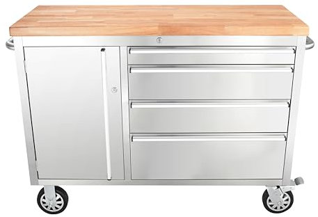 Ondis24 Edelstahl-Werkstattwagen Werkzeugwagen mit 4 Leichtlaufschubladen & XL-Massivholzarbeitsplatte, Lenkrollen, fahrbare Werkbank, unbestückt (Silber, 130 x 49 x 95 cm)