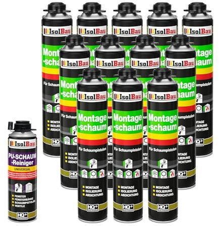 Isolbau Bauschaum-Set - Inkl. 12 x 1K Montageschaum B2 Pistolenschaum mit hervorragender Schall und Wärmedämmung (je 750 ml) & 1 x PU-Schaum-Reiniger (500 ml), Verfüllen