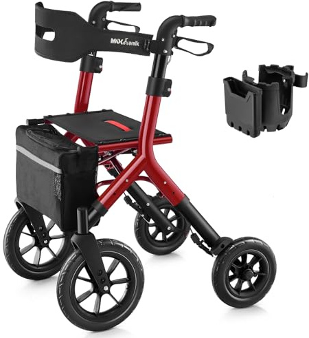 MAXWALK Rollator Foldable and Lightweight with Seat for Large People up to 2.13 m | Outdoor foldable and lightweight, 30 cm tyres, hidden brake cable, for all terrain, narrow for home, aluminium walkers