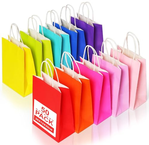 Gucass Stora papperspåsar med handtag, 50 st., färgglada presentpåsar, kraftpapperspåsar, papperspåsar, för förpackning, shopping, födelsedagsfest, bröllop, jul och halloween, 26 x 12 x 33 cm