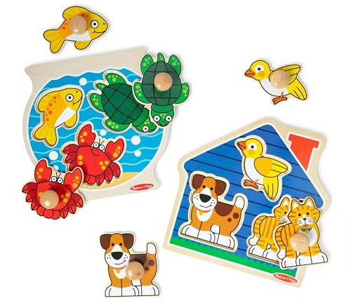 Melissa & Doug Wooden Jumbo Peg Puzzle 2-Pack – Fish Bowl, House Pets, 3-Piece for Toddlers Boys and Girls, Ages 1+ Years