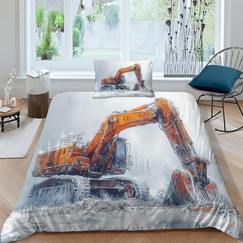 CYYYDM Bagger Bettwäsche Kinder Cartoon Bettbezug Technisches Fahrzeug Mit Kissenbezug Microfaser Kinderbettwäsche Jungen Mit Reißverschlus Für Mädchen ​Jugendliche Single（135x200cm）