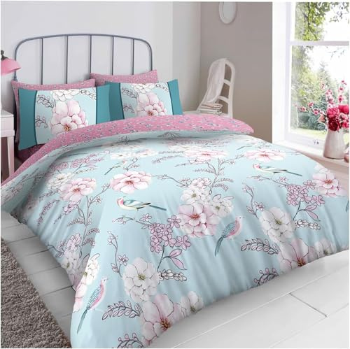 GC GAVENO CAVAILIA Blossom Duvet Cover Set Single - Reversible Floral Bedding & Linen With Pillowcase - Polycotton Duvet Covers Bed Set (135x200 Cm) - Blue