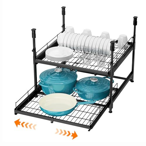 Denmay 2-Tier Teleskopschublade, Erweiterbarer Ausziehbarer Organizer 34-53cm für Küchenschränke, Kleiderschrank, Vorratsraum, Stabil ohne Bohren oder mit Schrauben, Schubladen-Aufbewahrung, schwarz