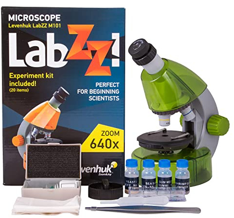 Levenhuk LabZZ M101 Lime STEM Microscopio per Bambini con Zoom 640x, Luce a LED, Kit Scientifico Giocattolo Portatile di Vetrini Preparati, Strumenti di Laboratorio, Guida con Esperimenti (IT)