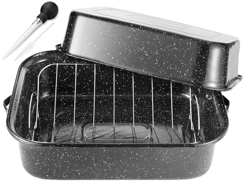 JY COOKMENT Roasting Pan With Rack, 21” Rectangular, 25lb Turkey Roaster Pot, V-Rack, Black, Alloy Steel Porcelain