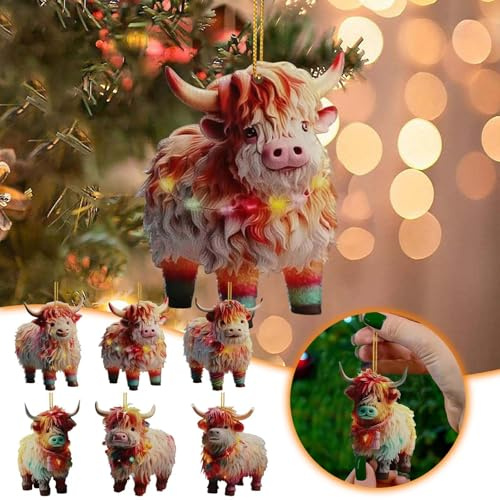 6 Stück Set Weihnachten Hochlandrinder Tier Deko Weihnachtsbaumschmuck 2D Acryl Anhänger Kuh Weihnachtsbaum Ornamente Weihnachtsdeko Rinder Saisonale Dekoration für Wohnzimmer Schlafzimmer (Rainbow)