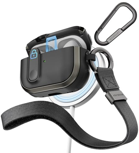 MAGEASY Odyssey Coque pour AirPods Pro 2 avec verrouillage à clic + mousqueton porte-clés + dragonne, protection contre les chocs, coque de verrouillage magnétique pour Apple AirPods Pro 2e/1ère